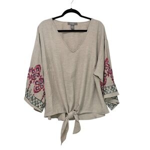 Olivia & Martin Womens 3X Beige Embroidered Boho Tie Front V-Neck Blouse Top B9